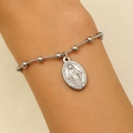 Virgin Mary cross charm bracelet in stainless steel featuring a sleek snake chain design - Steel Color Beaded Style (02 Steel 9765)
