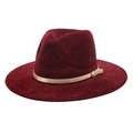 Close-up of burgundy chenille fedora hat with gold leather decorative band and buckle detail - M (56-58cm) / Burgundy