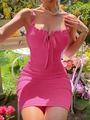 Barbie pink ribbed mini dress with ruffled neckline and bow detail for party - Rose Red