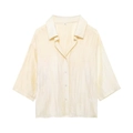 Camicia jacquard da donna color crema a maniche corte con scollo a V e tessuto a pieghe - XS / Top / Bianco latte
