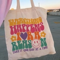 Retro Flower Power canvas tote bag with 'Everything Happens for a Reason' print - STD874-L Everything Happens For A Reason