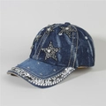 Denim baseball cap with sparkling rhinestone brim and sequined star patches - Style 4-Dark Blue Denim Black Star Rhinestone
