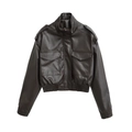Veste femme en similicuir marron foncé avec col montant et poches cargo, vue de face - XS / café