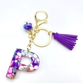 Letter P resin keychain with purple tassels and colorful stone filling in clear resin - Letter P