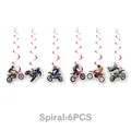 Detail of 6-piece red spiral hanging decorations featuring motocross motorcycle riders - Spirals 6PCS