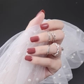 Glossy dark red square press-on nails with silver rings and pearl mesh accessory - Shiny Jujube Red (DFL-11)