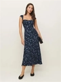 Elegante Franse vintage bloemenprint midi-jurk in marineblauw met een slanke pasvorm en nek - S / Koningsblauw