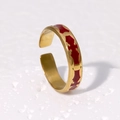 Detailed side view of vintage gold ring with red enamel inlay on white stone - Slanted Cross Red Enamel Style (JR474)