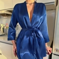 Navy blue satin silk nightgown with tie belt and smooth metallic luster finish - Navy Blue
