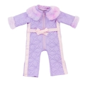 Purple quilted doll jumpsuit with pink faux fur collar and bow belt for 18-inch dolls - Purple Quilted Jumpsuit