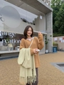 Light green cashmere-style tassel scarf paired with a brown V-neck knit sweater - Light Yellow