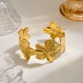 Golden stainless steel open cuff bracelet with layered floral patterns and brushed finish - Gold 3D Flower