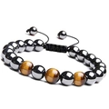 Bracelet en hématite avec trois perles œil de tigre sur cordon noir réglable - Nouveau Œil de Tigre Tressé