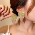 Elegant gold to purple gradient rhinestone heart earrings with long swaying tassels - Yellow Pink Gradient