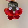 Elegant red petal stud earrings with oval crystal and S925 sterling silver posts - 82# Silver Earring Post - Red