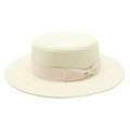 Close-up of beige flat top straw hat featuring a stylish satin ribbon bow detail - Cream