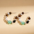 Detail of beaded hoop earrings with tiger eye, faux pearl, and green cat eye stones - C-Shape Style (Silver Needle - Coffee C-Shape) / 925 Silver