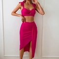 Three-piece hot pink nylon bikini set with halter top and ruched split midi skirt - Scarlet