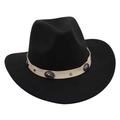 Detail of black cowboy hat featuring beige leather band with engraved metal studs - Black Cowboy (Cream Belt)