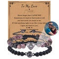 Custom photo projection bracelet set with pink natural stones and black beaded weave - Pink Rhodonite & Matte Black Set (Couple Bracelet-7)