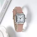 Minimalist square quartz watch with pink leather strap and silver dial for women - Pink