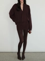 Chic dark coffee V-neck ribbed knit cardigan and bodycon mini skirt two-piece set - S / Coffee Purple