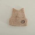 Detail of soft khaki plush knit hat featuring cat ear design and OK! embroidery patch - 3-10 Years / OK-Khaki