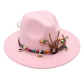 Detailed view of pink wool fedora hat with bohemian woven band and seashell accents - Pink