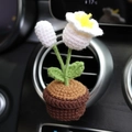 Handmade crochet white flower and rose bud car air vent clip with green leaves - Lily of the Valley (With Air Vent Clip)