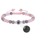 Bracelet perlé avec pierre de projection rose et grise et texte en 100 langues - Quartz Rose & Améthyste
