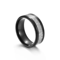 Titanium steel ring with black beveled edges and silver meteorite texture inlay - US 6 / 316L Black