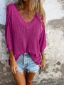 Lockeres Strickoberteil mit V-Ausschnitt in hellem Roséviolett mit Hohlmuster-Design - 3XL / Fuchsie