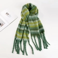 Soft mohair scarf with green and yellow stripes and elegant fringe tassels - Green Yellow Striped