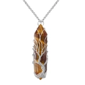 Detailed view of Tree of Life silver wire wrap on hexagonal Tiger Eye stone pendant - Wire Wrapped Tiger Eye + Metal Chain