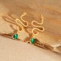 Detail of gold snake earrings featuring scale textures and green teardrop stone pendants - Gold Snake Emerald Stud Earrings (Silver Earring Post)