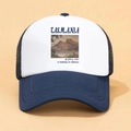 Detail of navy blue mesh truck cap with Tasmania scenic print and embroidery - Navy Blue