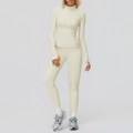 Damen Sportset in Beige mit Fleece-Futter, Zip-Jacke und High-Waist-Leggings - S / Cremige Mandel (Jacke + Leggings)
