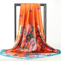 Elegant 90cm square satin silk scarf with orange floral pattern and blue borders - Yimei-Orange