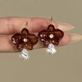 Harz-Ohrringe im Blumendesign mit Tigerauge und klarem Wassertropfen-Anhänger - 31# Ohrhaken Kaffee Blume Bernstein Tropfen
