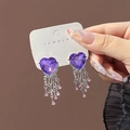 Silver-toned heart-shaped purple stone earrings with pink gemstone tassel accents - E4751-5 Purple Heart Gemstone Tassel Drop Earrings