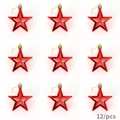 Set of 12 red 3D star ornaments with gold strings for Christmas tree decoration - 7cm Set of 12 / Red (Shiny)
