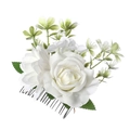 Bohemian bridal hair comb with white silk roses and green leaves on black metal teeth - FS48-5 White
