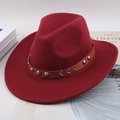 Red wool felt jazz hat with brown studded leather belt and vintage wide brim - Flat Brim Rivet Wave Decor / Burgundy