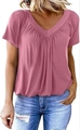 Detail view of pink V-neck top with pleated chest design and elastic hem for women - M / Pink