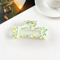 Square white hair claw clip with yellow floral pattern and vintage acetate finish - Cream White Green Floral