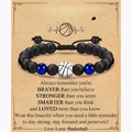 Detail of adjustable braided basketball bracelet on inspirational gift card for son - Blue Tiger Eye/Basketball Style