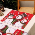 Red Christmas placemat featuring three cute snowmen with snowflakes on textured fabric - Style F - Placemat