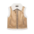 Women's stylish khaki faux leather vest with soft white sherpa lining and zip front - XS / Earthy Yellow
