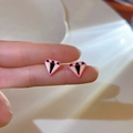Pink diamond-shaped stud earrings with geometric enamel inlay and silver needle posts - 62# Pink Diamond Shape Studs