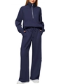 Detail of navy blue women's half-zip sweatshirt and wide-leg jogger lounge set - Navy Blue